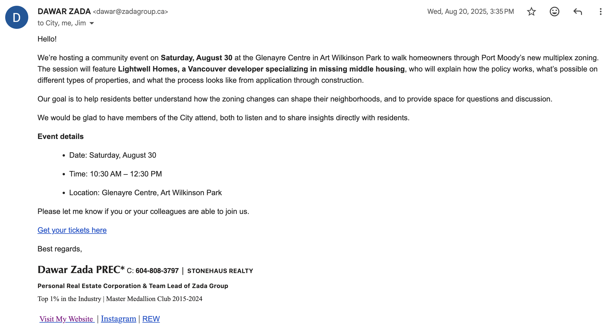 Email inviting City of Port Moody staff to community session