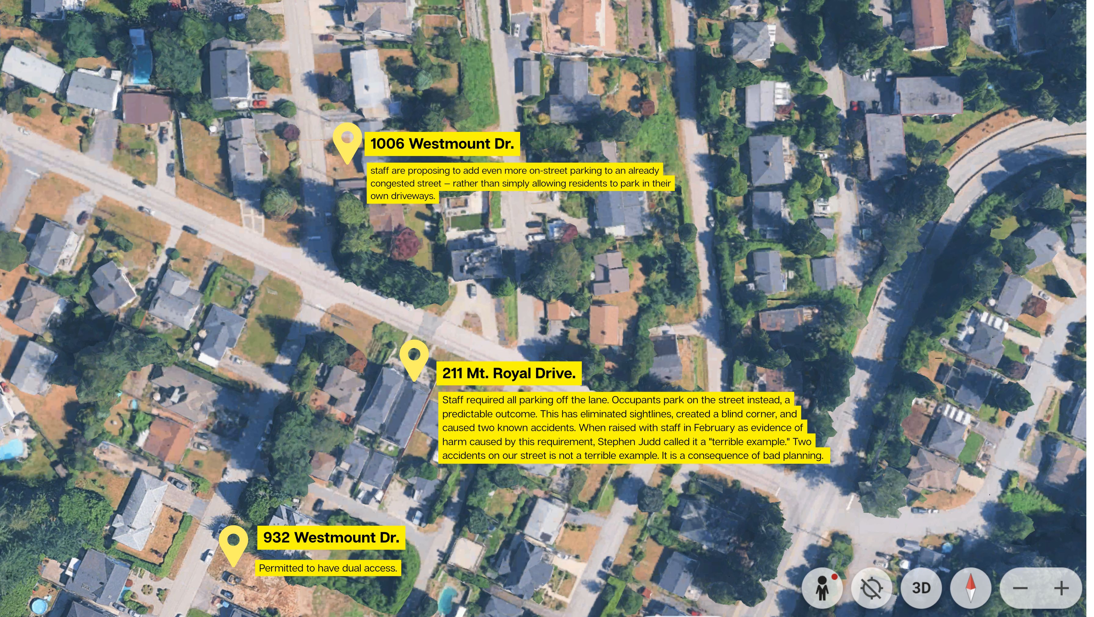 Annotated aerial map showing 1006 Westmount Dr, 211 Mt. Royal Drive, and 932 Westmount Dr